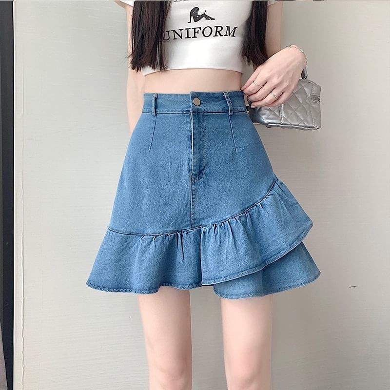 Ruffled Denim Mini Flared Skirt with High Rise