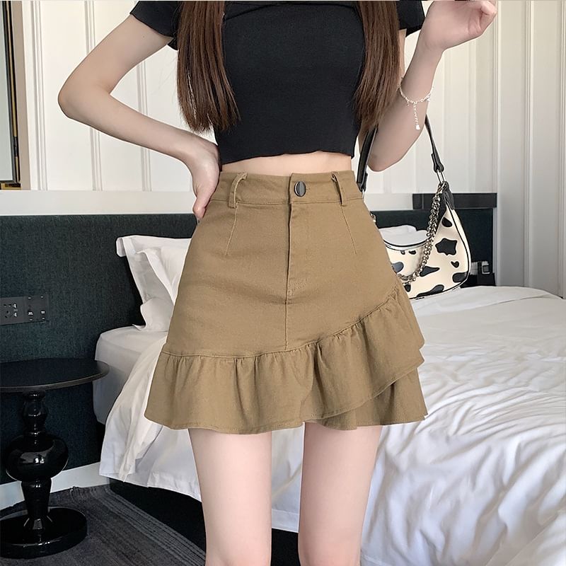 Ruffled Denim Mini Flared Skirt with High Rise