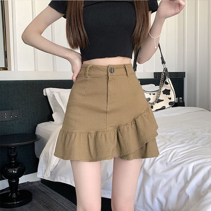 Ruffled Denim Mini Flared Skirt with High Rise