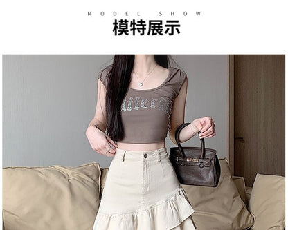 Ruffled Denim Mini Flared Skirt with High Rise
