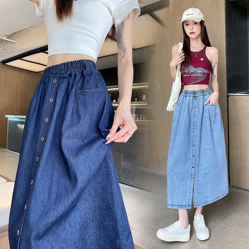 Denim Midi Flared Skirt with High Rise