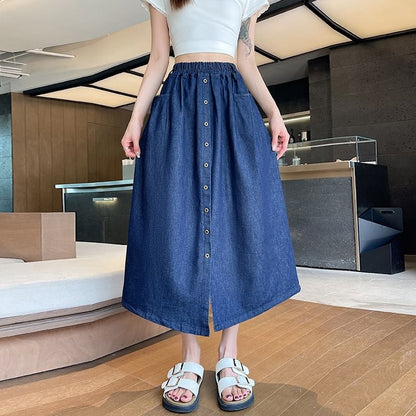 Denim Midi Flared Skirt with High Rise