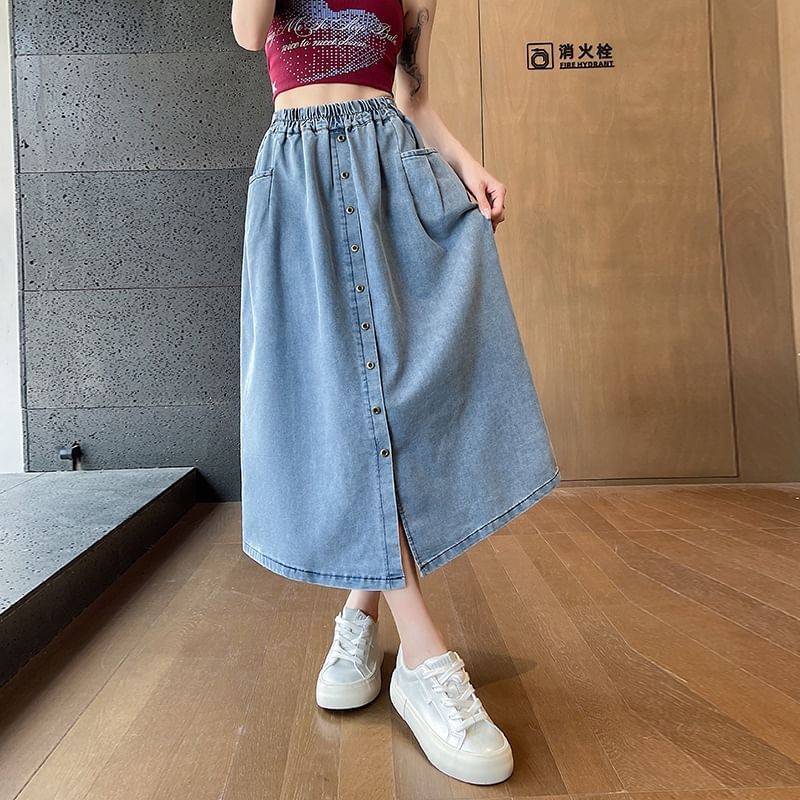 Denim Midi Flared Skirt with High Rise