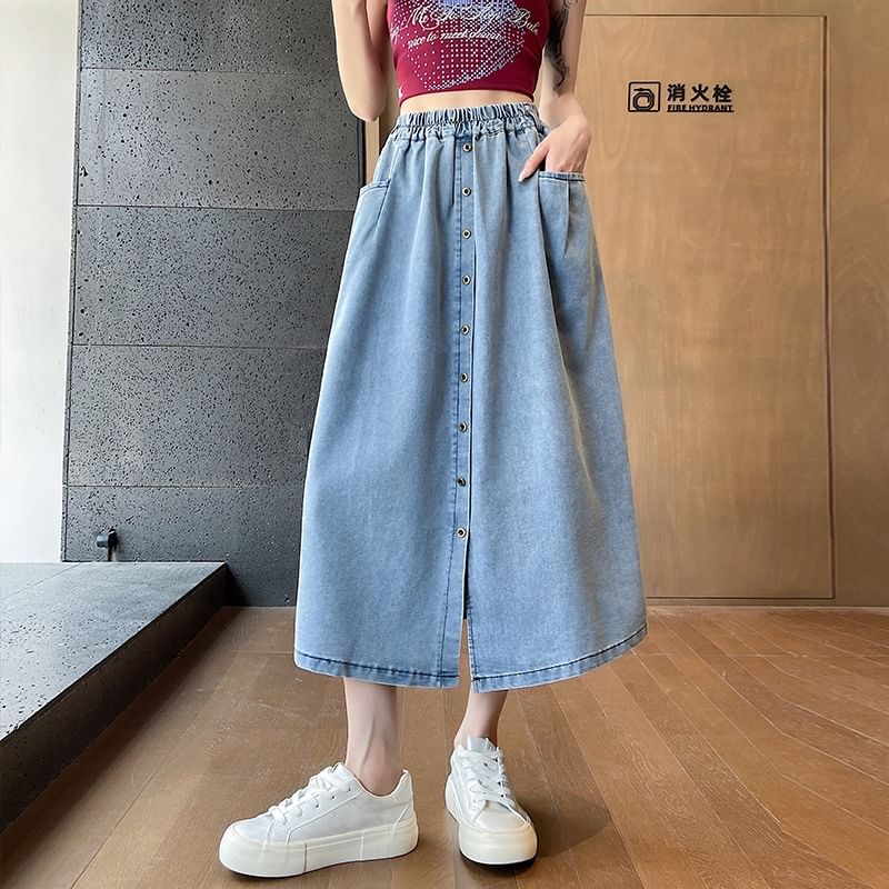 Denim Midi Flared Skirt with High Rise