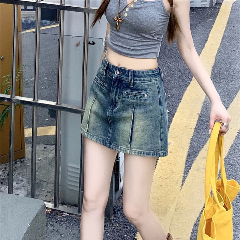 Washed Denim Mini Skirt with Low Rise