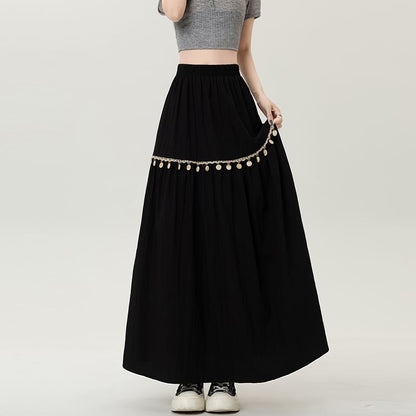 High-Rise Fringed Maxi Flared Skirt
