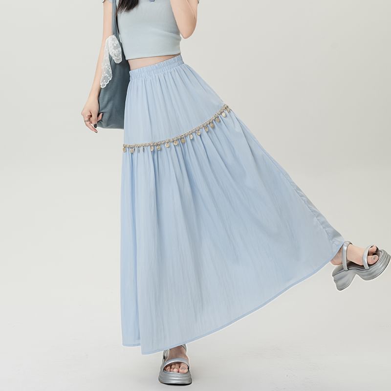 High-Rise Fringed Maxi Flared Skirt