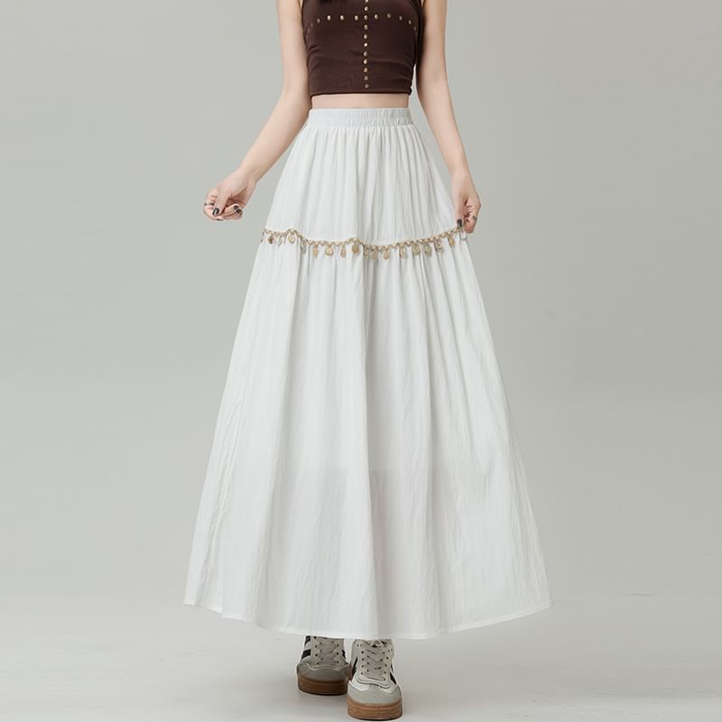 High-Rise Fringed Maxi Flared Skirt