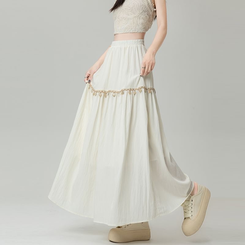 High-Rise Fringed Maxi Flared Skirt