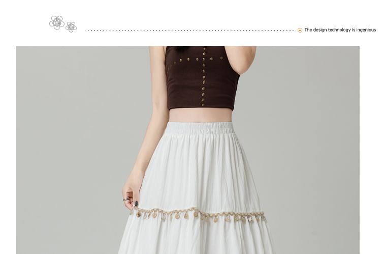 High-Rise Fringed Maxi Flared Skirt