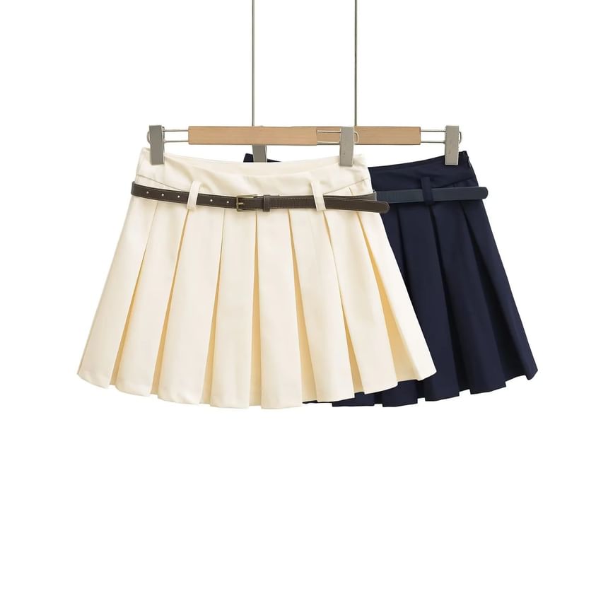 Pleated Mini Skirt with Faux Leather Belt Set