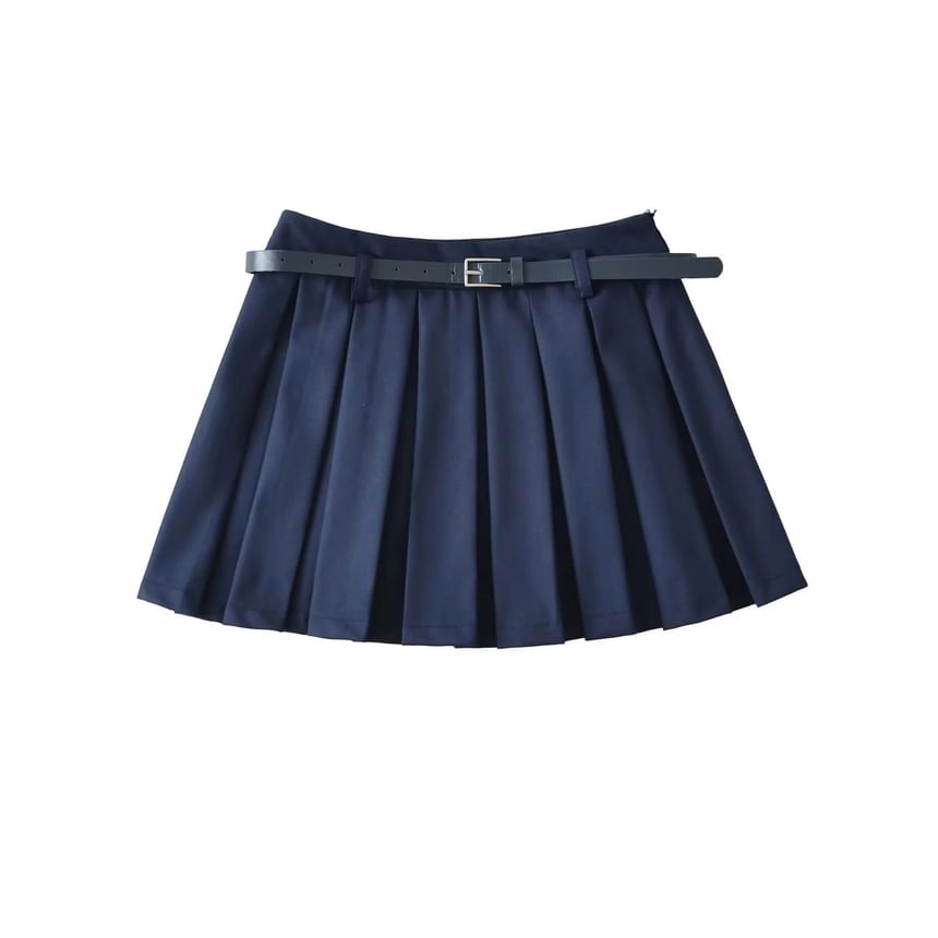 Pleated Mini Skirt with Faux Leather Belt Set