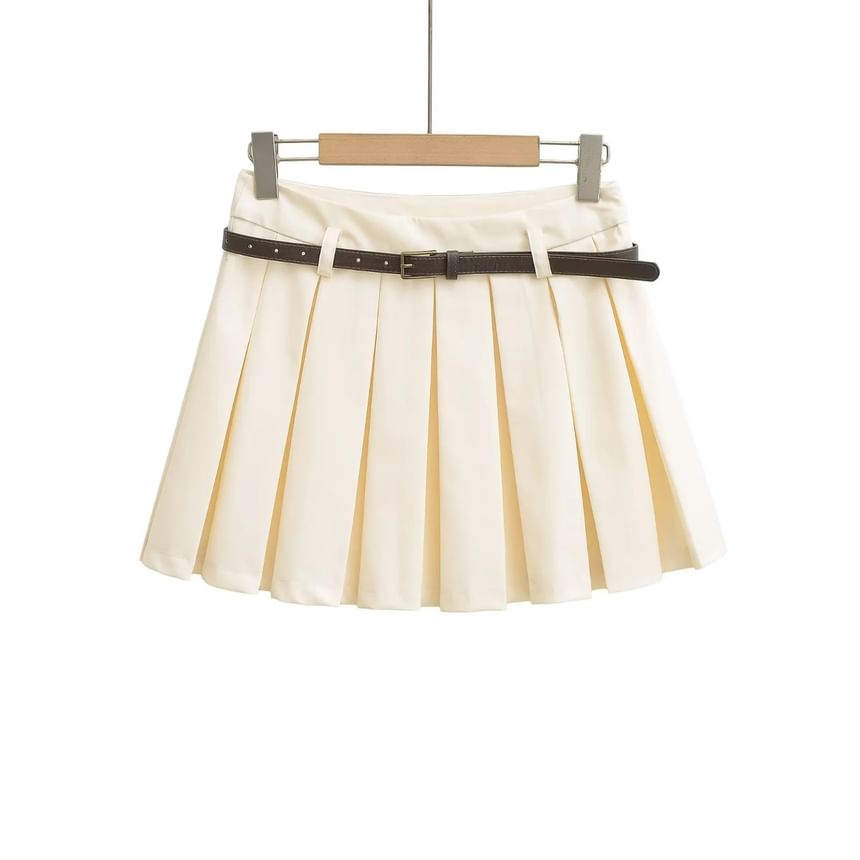 Pleated Mini Skirt with Faux Leather Belt Set