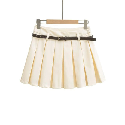 Pleated Mini Skirt with Faux Leather Belt Set
