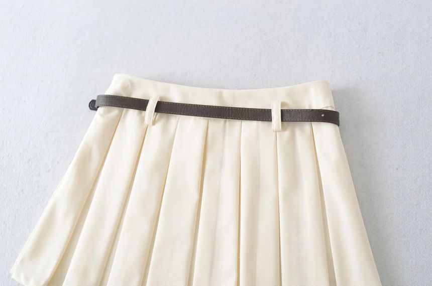 Pleated Mini Skirt with Faux Leather Belt Set