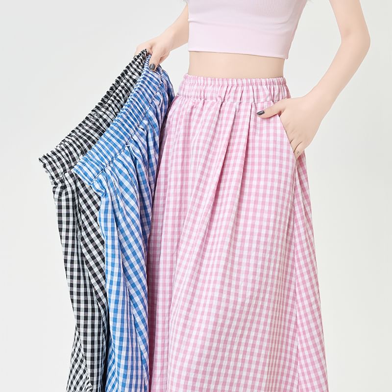 Gingham Midi Flared Skirt with High Rise Waist
