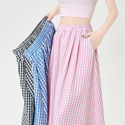 Gingham Midi Flared Skirt with High Rise Waist