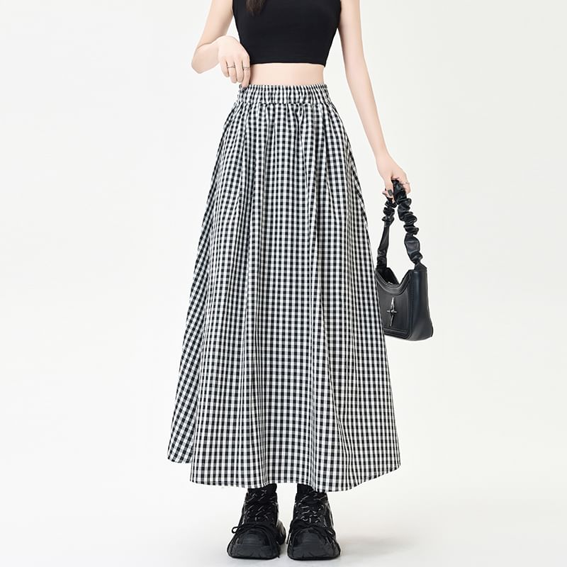 Gingham Midi Flared Skirt with High Rise Waist