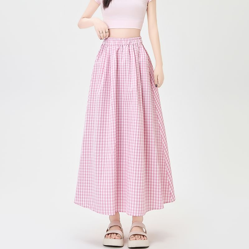Gingham Midi Flared Skirt with High Rise Waist
