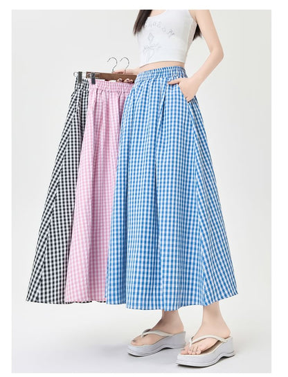 Gingham Midi Flared Skirt with High Rise Waist