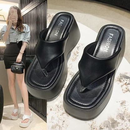 Platform Wedge Plain Faux Leather Flip-Flops
