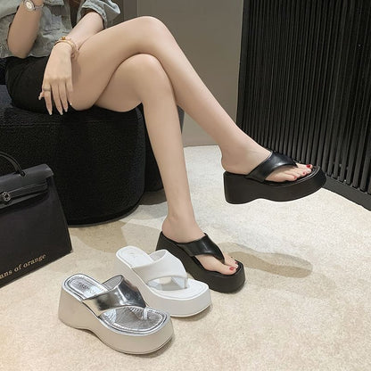 Platform Wedge Plain Faux Leather Flip-Flops