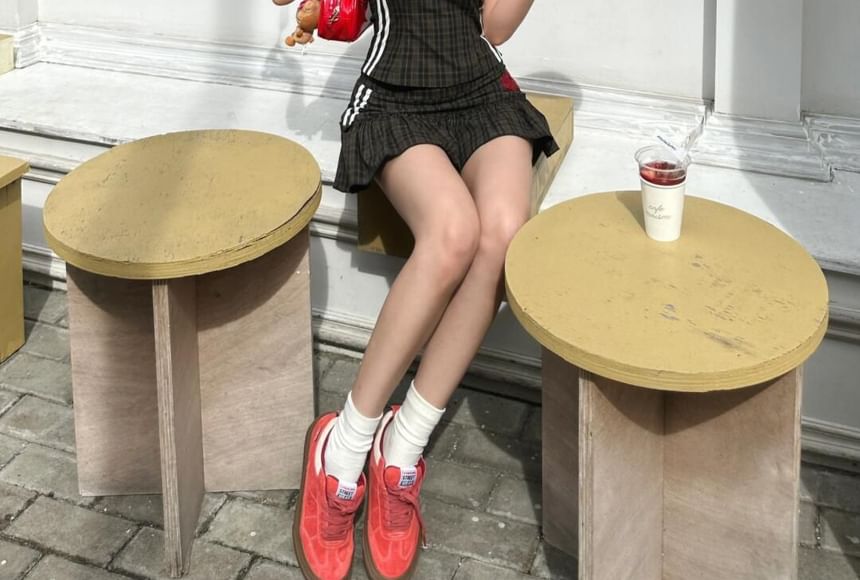 Plaid Crop Halter Top with Pleated Mini Skirt Set