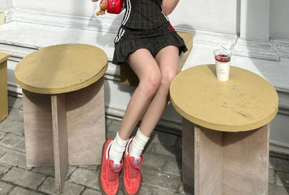 Plaid Crop Halter Top with Pleated Mini Skirt Set