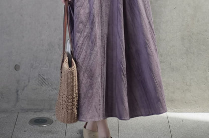Band Collar Short-Sleeve A-Line Maxi Dress