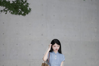 Band Collar Short-Sleeve A-Line Maxi Dress