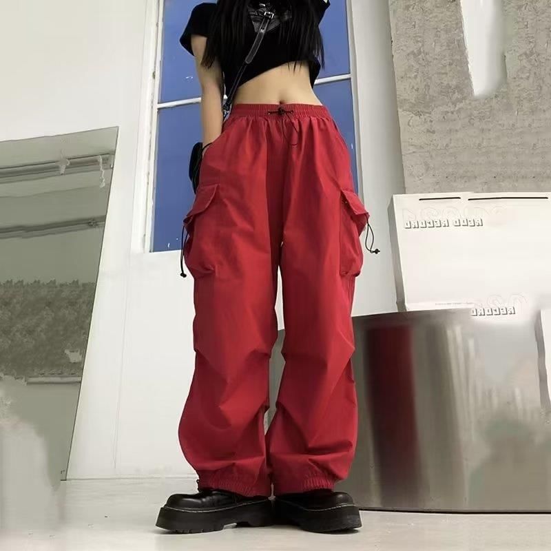 Drawstring Waist Plain Cargo Wide Leg Pants
