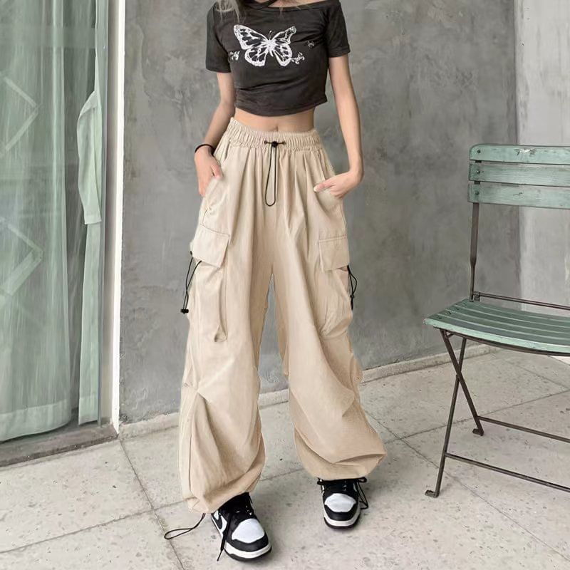 Drawstring Waist Plain Cargo Wide Leg Pants