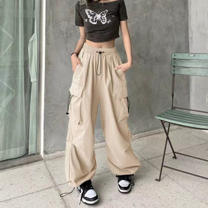 Drawstring Waist Plain Cargo Wide Leg Pants