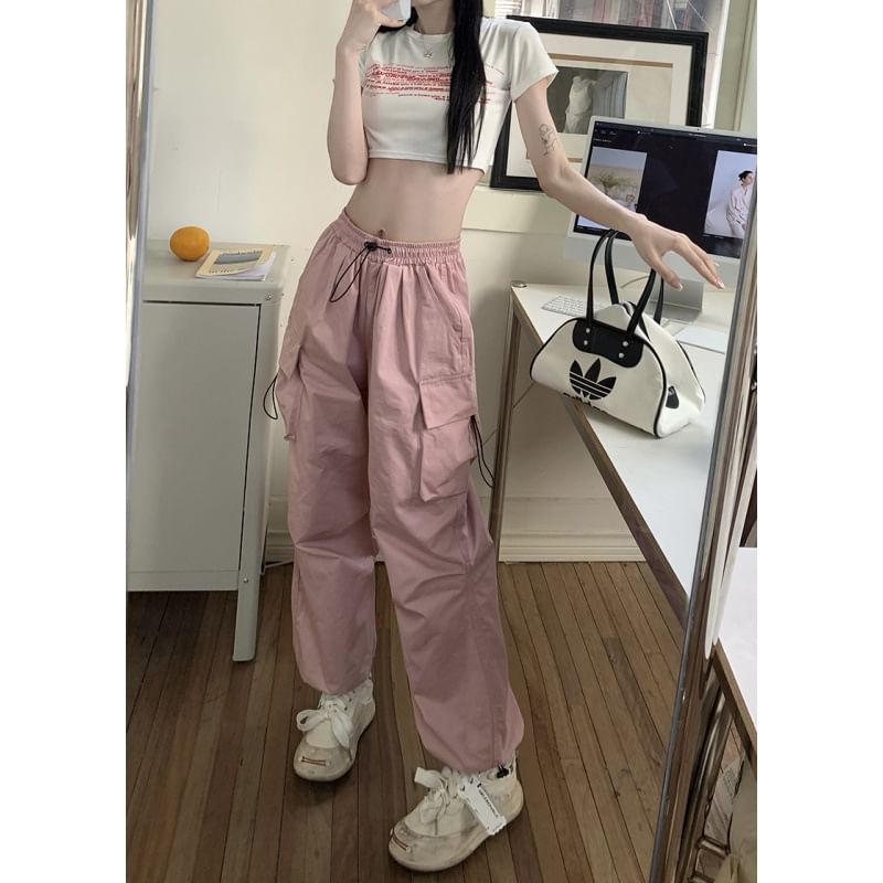 Drawstring Waist Plain Cargo Wide Leg Pants
