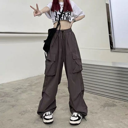 Drawstring Waist Plain Cargo Wide Leg Pants