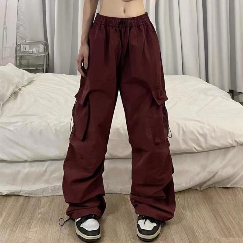 Drawstring Waist Plain Cargo Wide Leg Pants