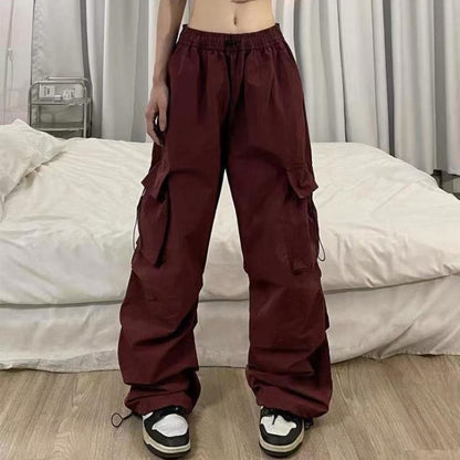 Drawstring Waist Plain Cargo Wide Leg Pants