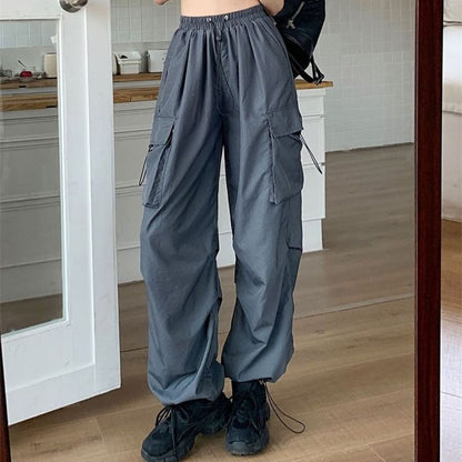 Drawstring Waist Plain Cargo Wide Leg Pants