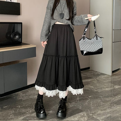 High-Rise Minimalist Frill Midi Flared Skirt