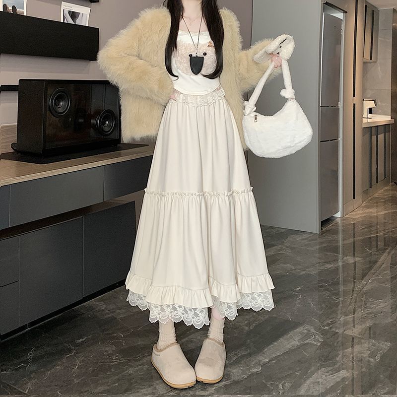 High-Rise Minimalist Frill Midi Flared Skirt