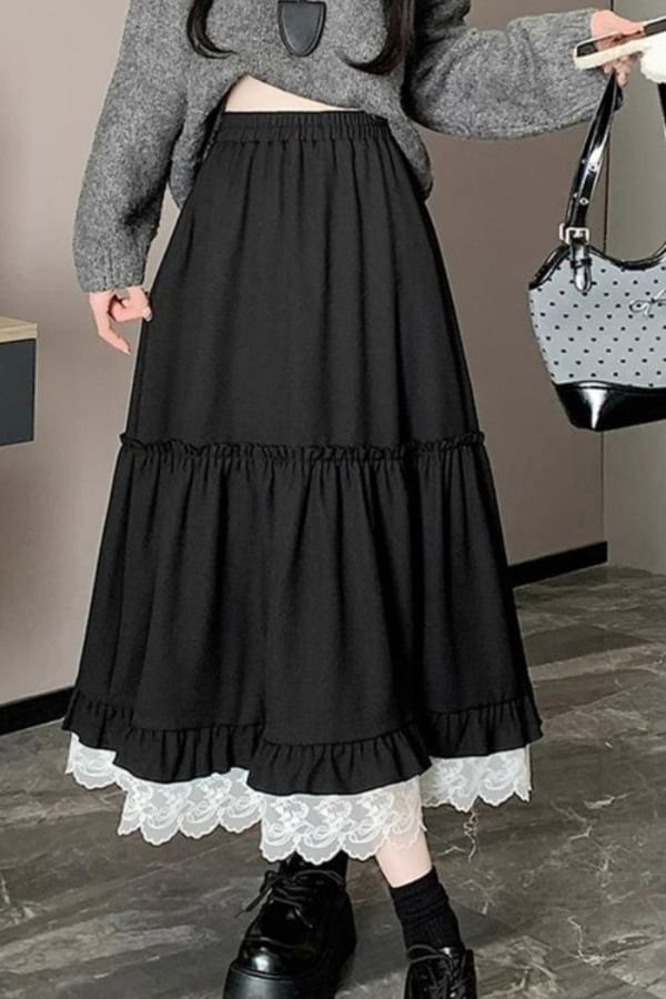 High-Rise Minimalist Frill Midi Flared Skirt