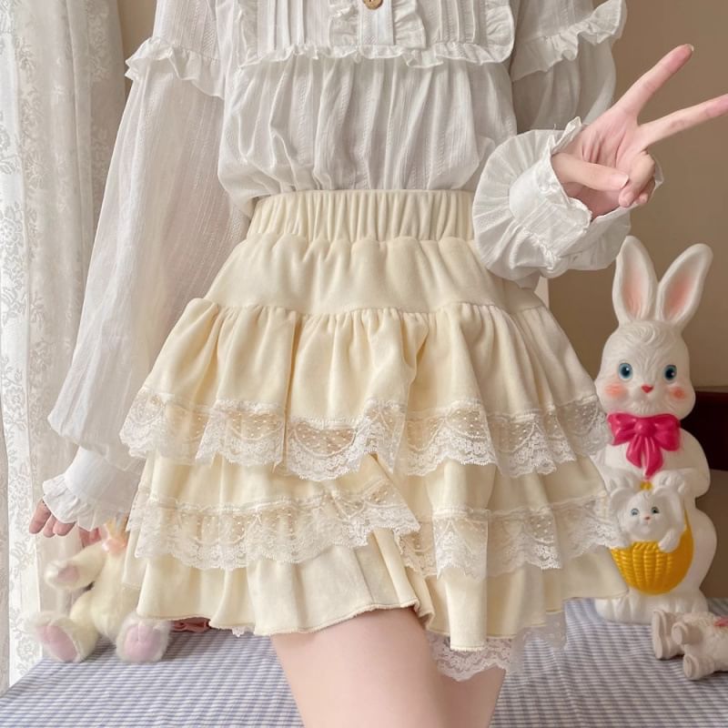 High-Rise Minimalist Lace Edge Mini Layered Skirt