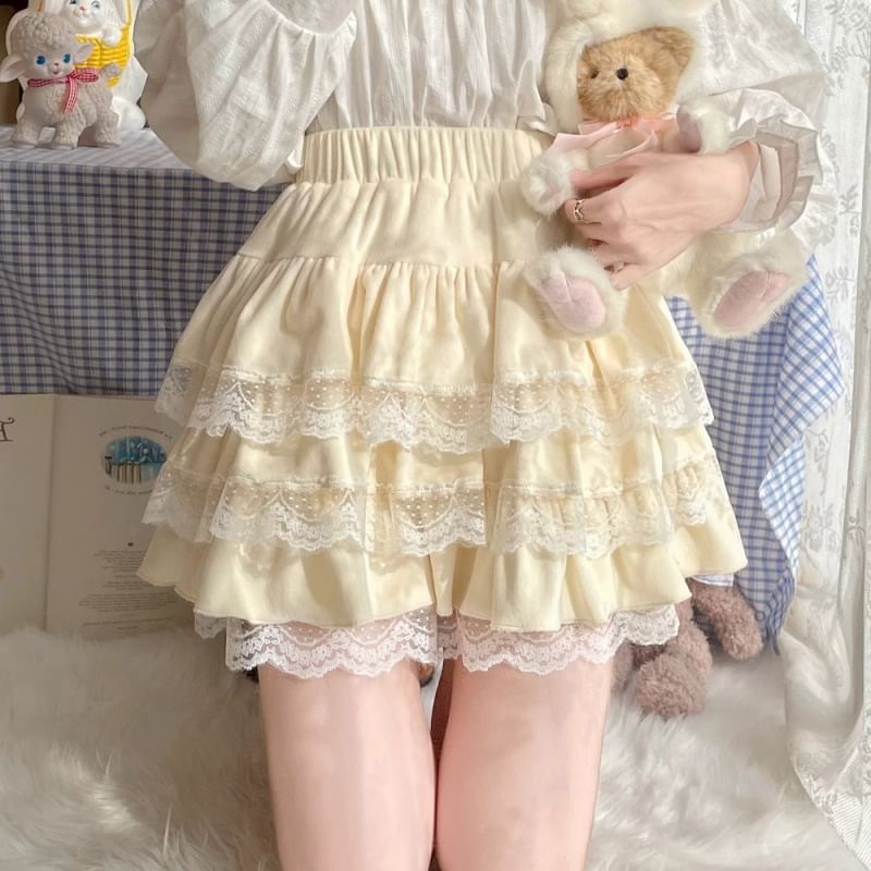 High-Rise Minimalist Lace Edge Mini Layered Skirt