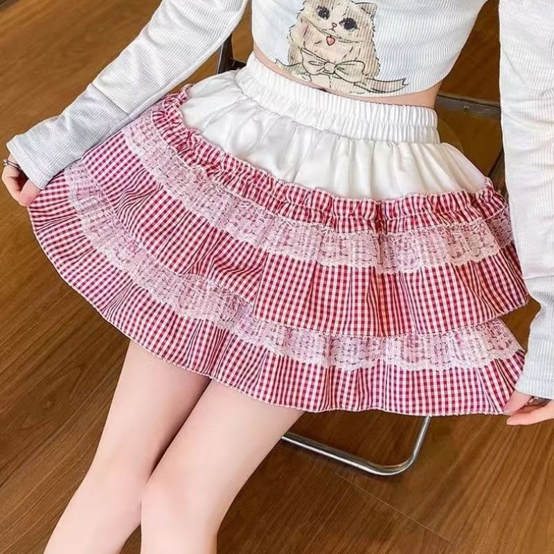 Elevated Waistband Tartan Frill Mini Flared Skirt