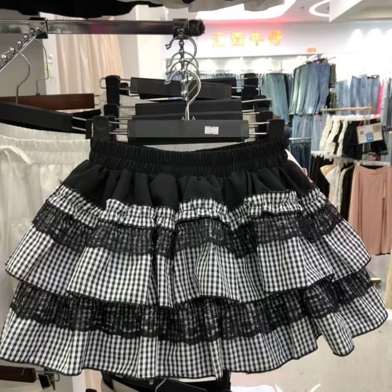 Elevated Waistband Tartan Frill Mini Flared Skirt