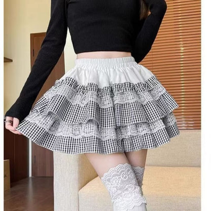 Elevated Waistband Tartan Frill Mini Flared Skirt