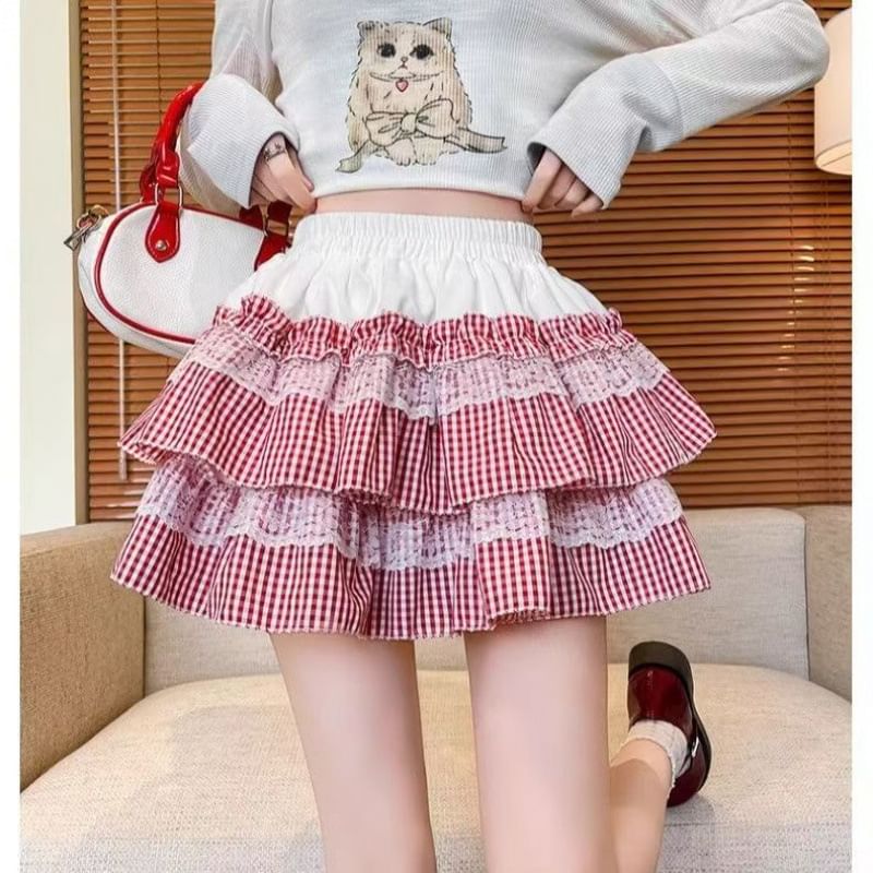 Elevated Waistband Tartan Frill Mini Flared Skirt