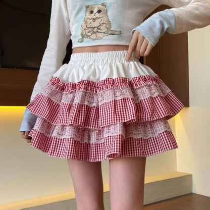 Elevated Waistband Tartan Frill Mini Flared Skirt