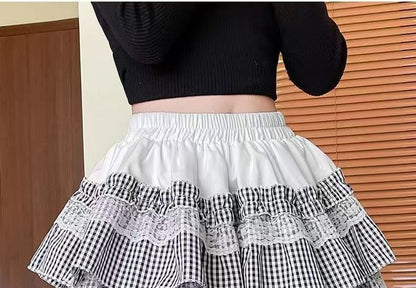 Elevated Waistband Tartan Frill Mini Flared Skirt