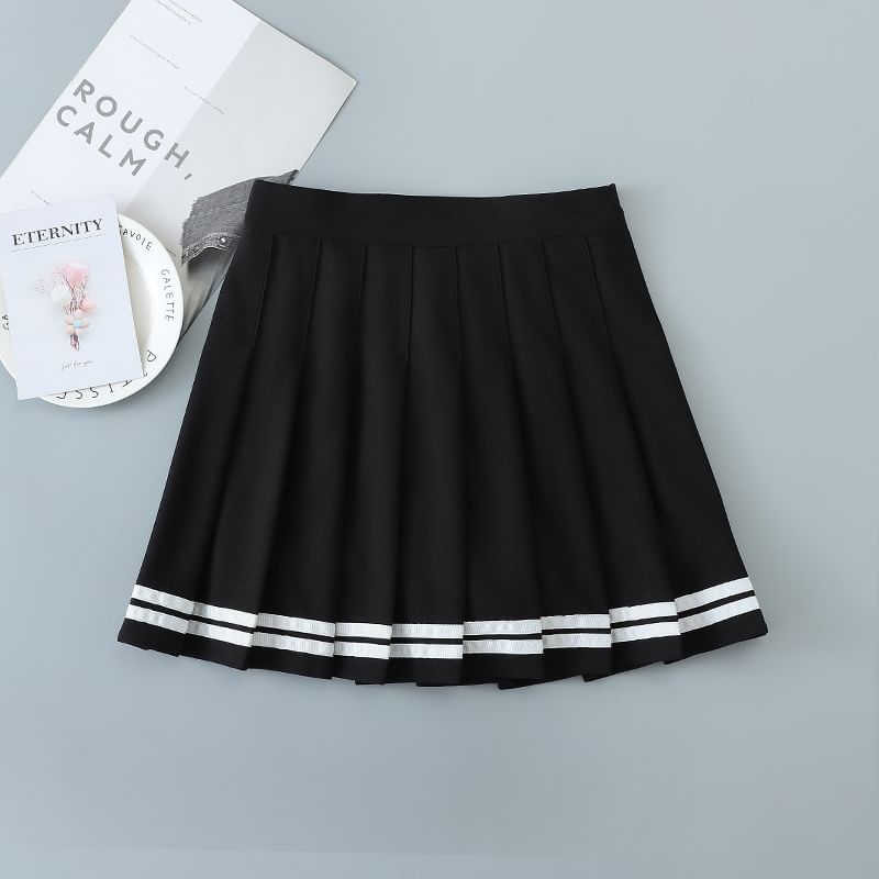 Elevated Waistband Striped Mini Pleat Skirt